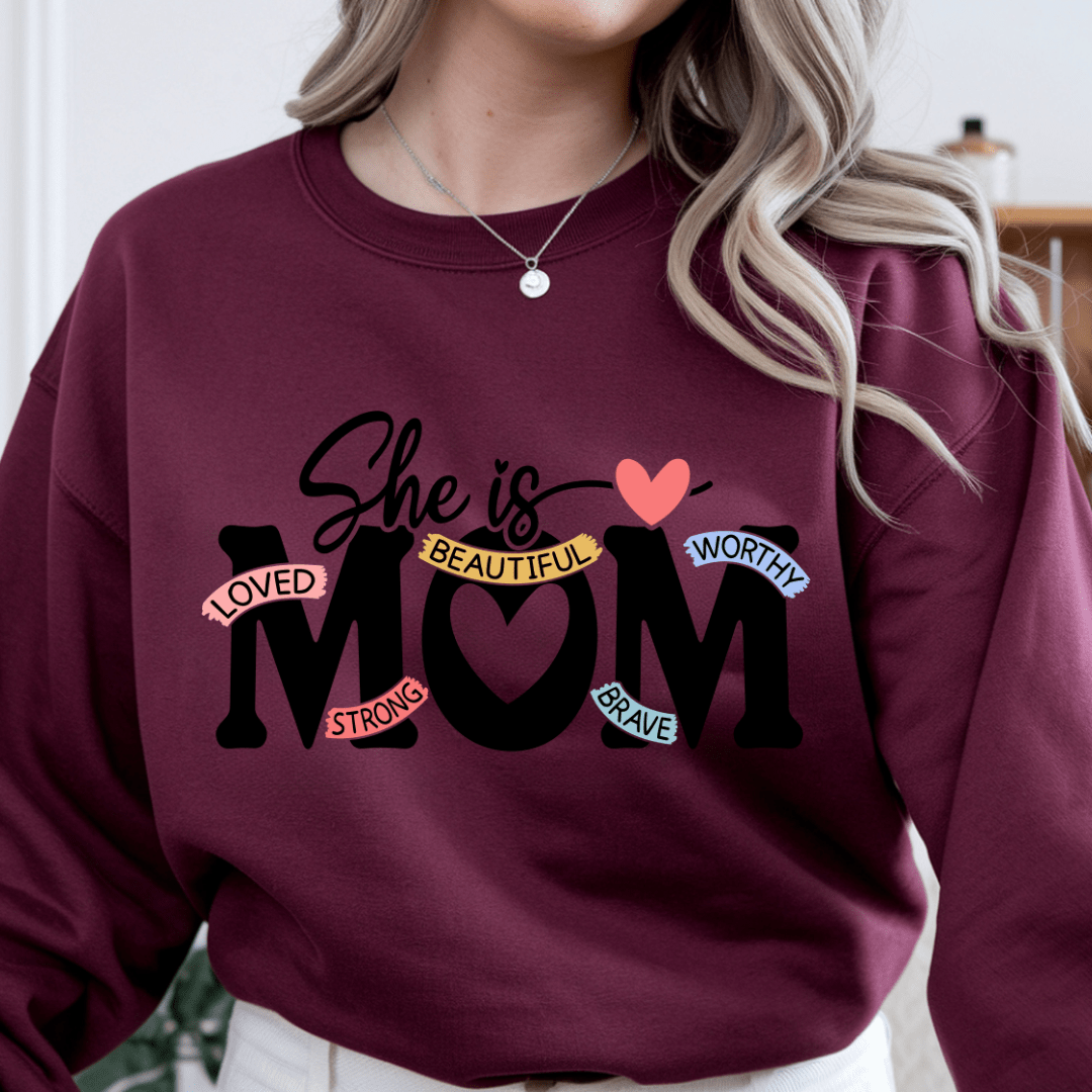 Burgundy crewneck sweatshirt with meaningful mom message design for cozy casual wear