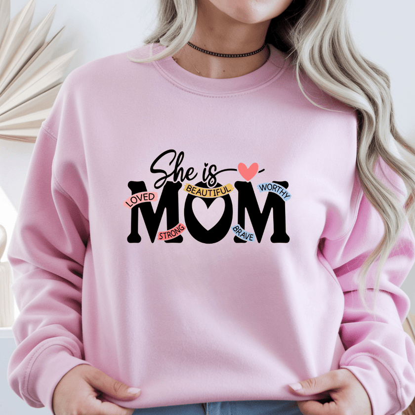 Light pink crewneck sweatshirt with soft feminine mom affirmation design