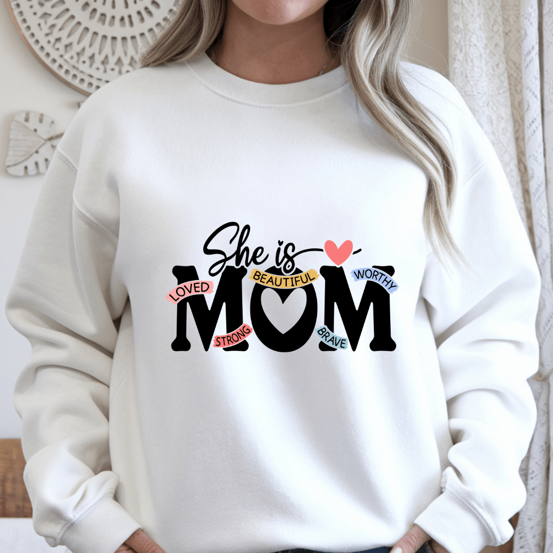 She Is Mom Crewneck Sweater Inspirational Mom Graphic Cozy Unisex Sweatshirt Gift for Mothers