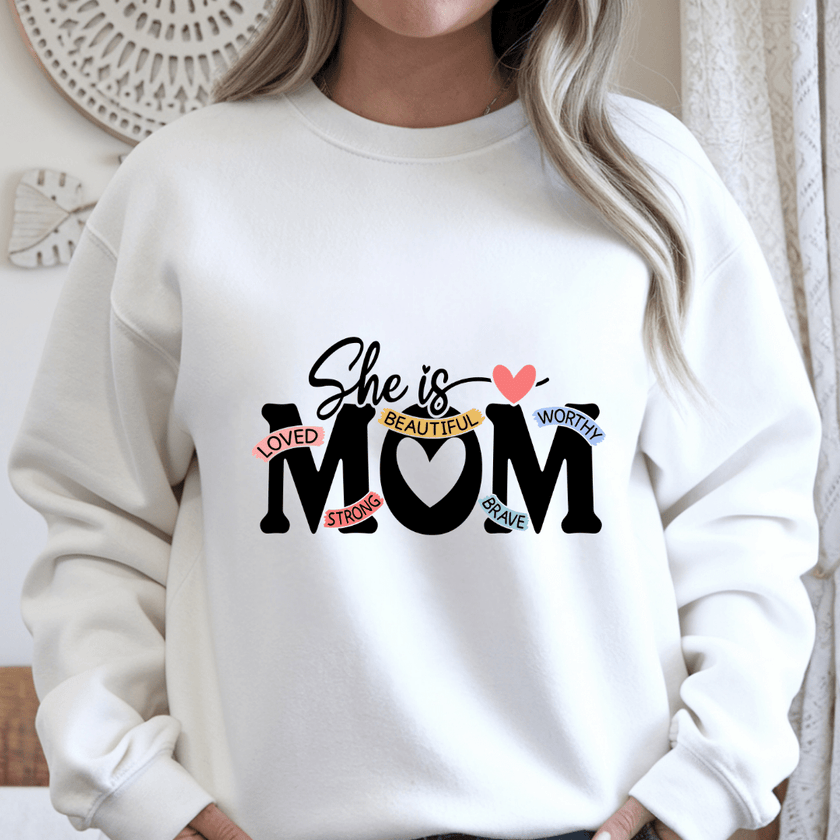She Is Mom Crewneck Sweater Inspirational Mom Graphic Cozy Unisex Sweatshirt Gift for Mothers