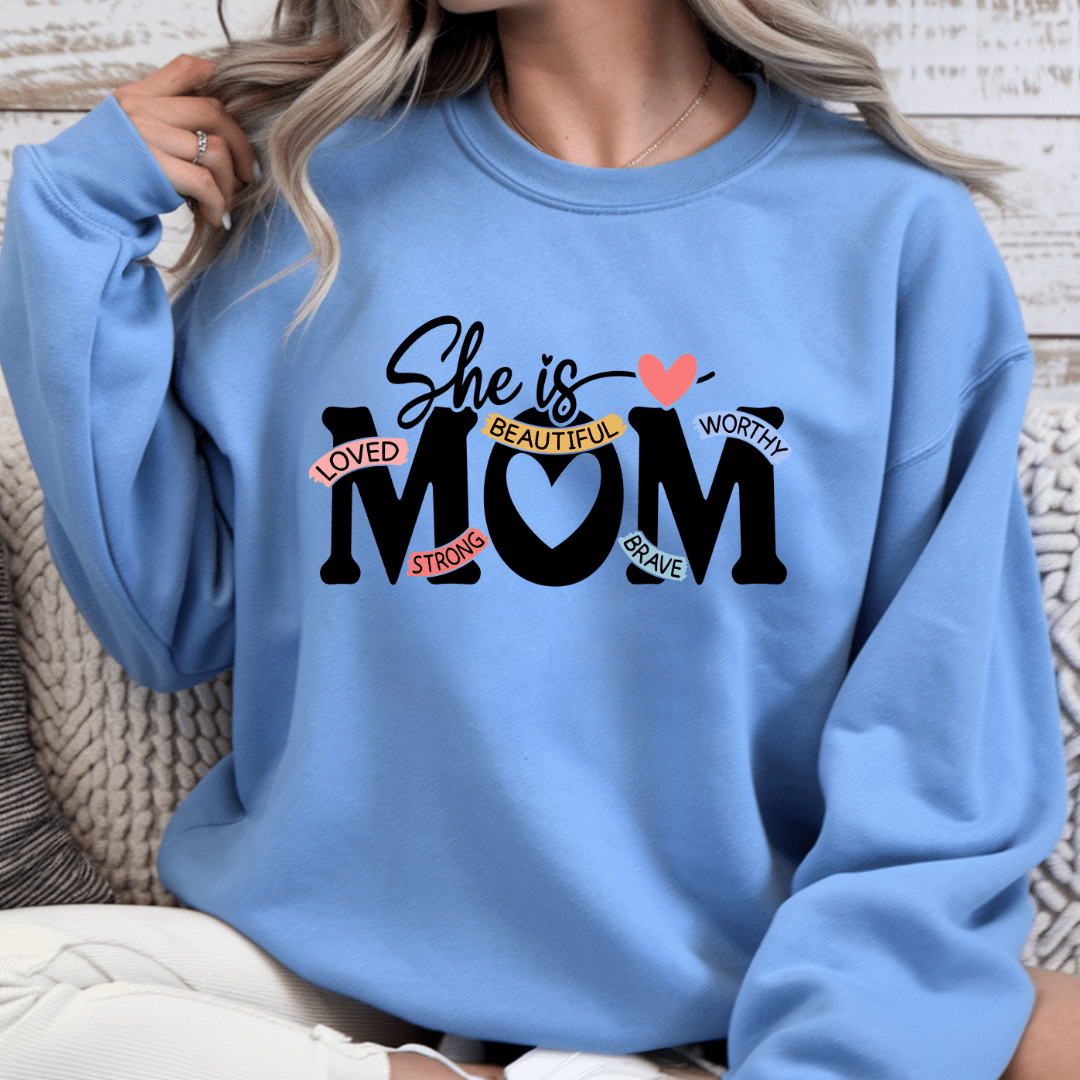 Blue crewneck sweatshirt with inspirational mom message and relaxed cozy fit