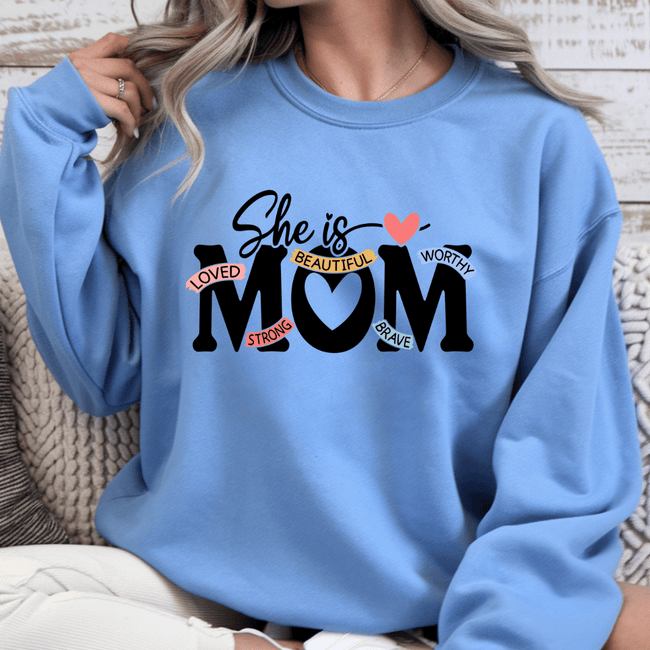 Blue crewneck sweatshirt with inspirational mom message and relaxed cozy fit
