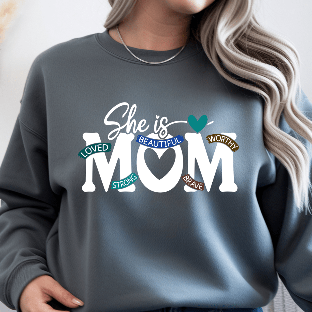 Dark grey crewneck sweater with modern mom graphic featuring motivational words