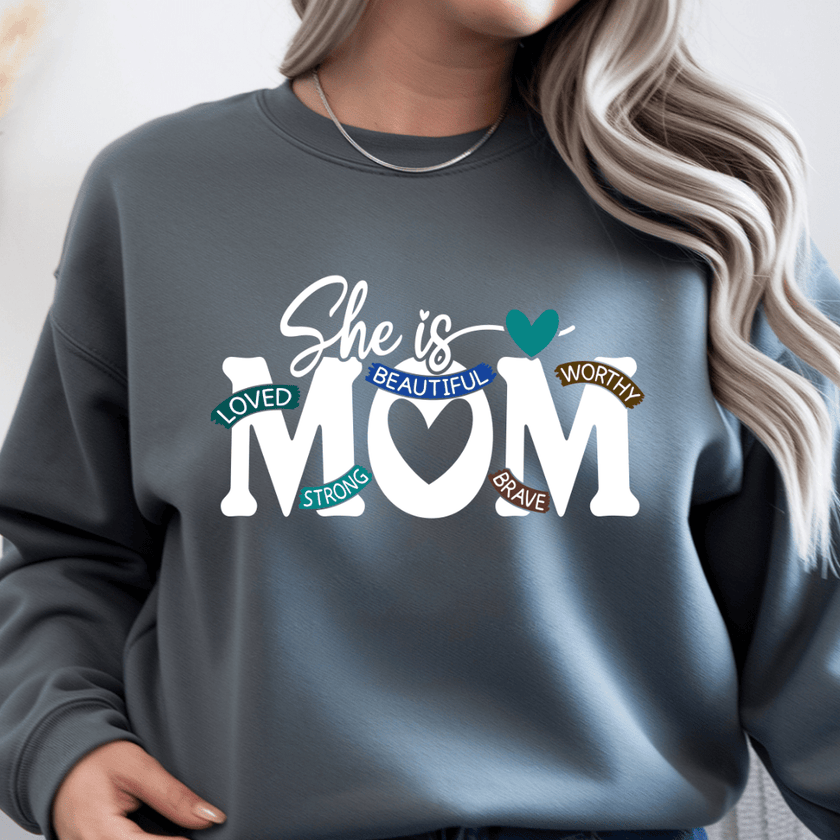 Dark grey crewneck sweater with modern mom graphic featuring motivational words
