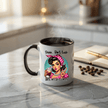 Retro inspired coffee mug with colorful vintage artwork and funny morning coffee saying