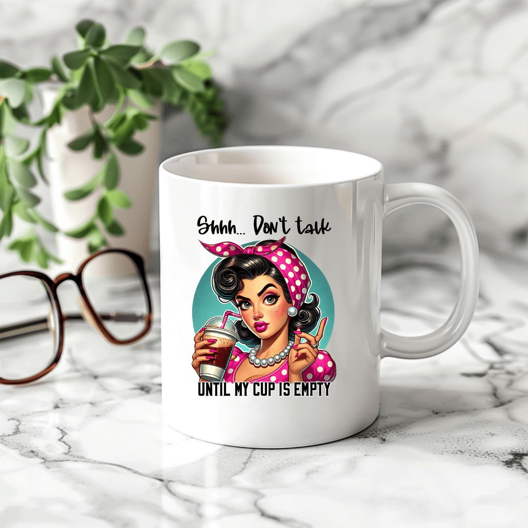 Novelty coffee mug gift featuring coffee drinking woman illustration for office and home use