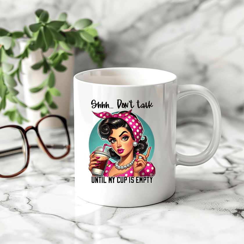Novelty coffee mug gift featuring coffee drinking woman illustration for office and home use