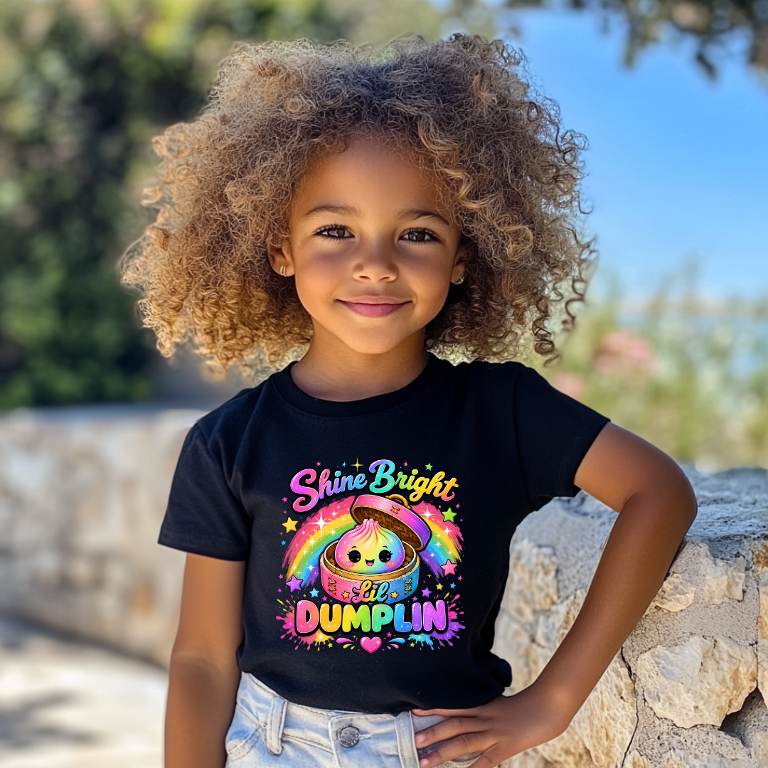 Black girls graphic T shirt featuring Shine Bright Lil Dumplin artwork with rainbow colours, stars and cute dumpling character.