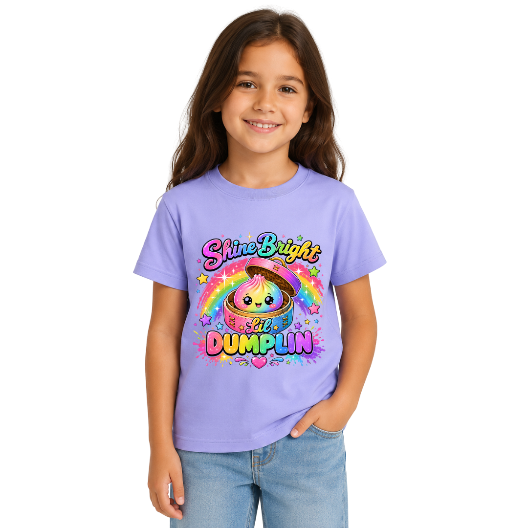 Violet youth T shirt worn by a smiling girl featuring the colourful Shine Bright Lil Dumplin rainbow and cute dumpling graphic.