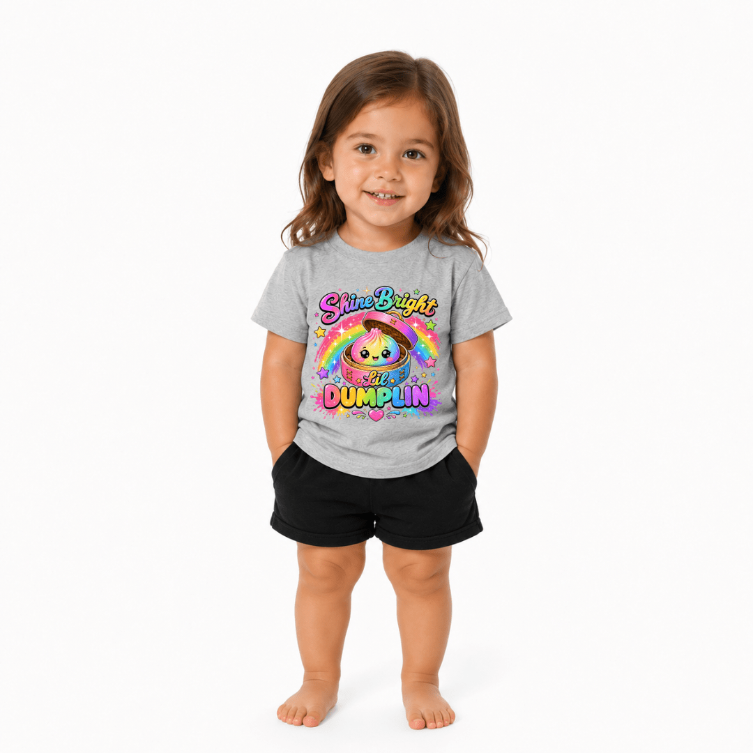 Sport grey toddler T shirt with a colourful Shine Bright Lil Dumplin design featuring a cute smiling rainbow dumpling.