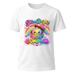White youth crew neck T shirt featuring a colourful Shine Bright Lil Dumplin graphic with rainbow, stars and cute dumpling character.