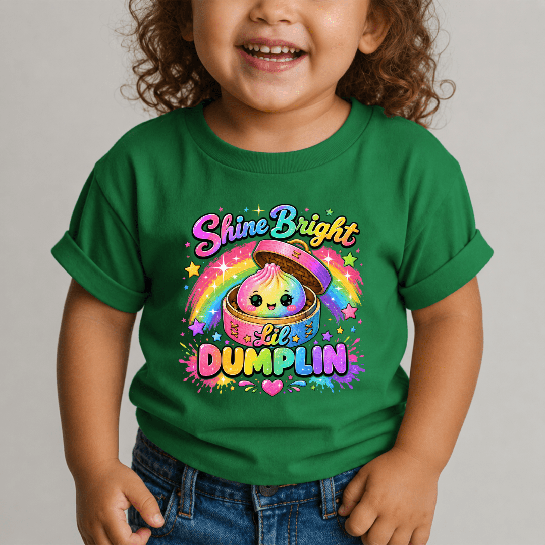 Green kids T shirt featuring a vibrant Shine Bright Lil Dumplin rainbow graphic with a smiling dumpling and colourful stars.