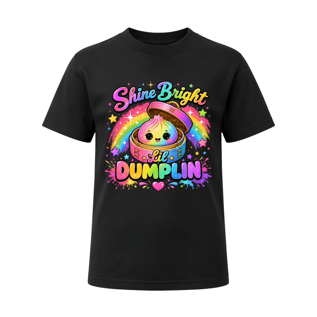Black youth T shirt with a bright rainbow dumpling illustration and colourful Shine Bright Lil Dumplin positive message.