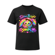 Black youth T shirt with a bright rainbow dumpling illustration and colourful Shine Bright Lil Dumplin positive message.
