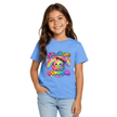 Carolina blue girls youth T shirt featuring the Shine Bright Lil Dumplin rainbow graphic with stars and colourful lettering.