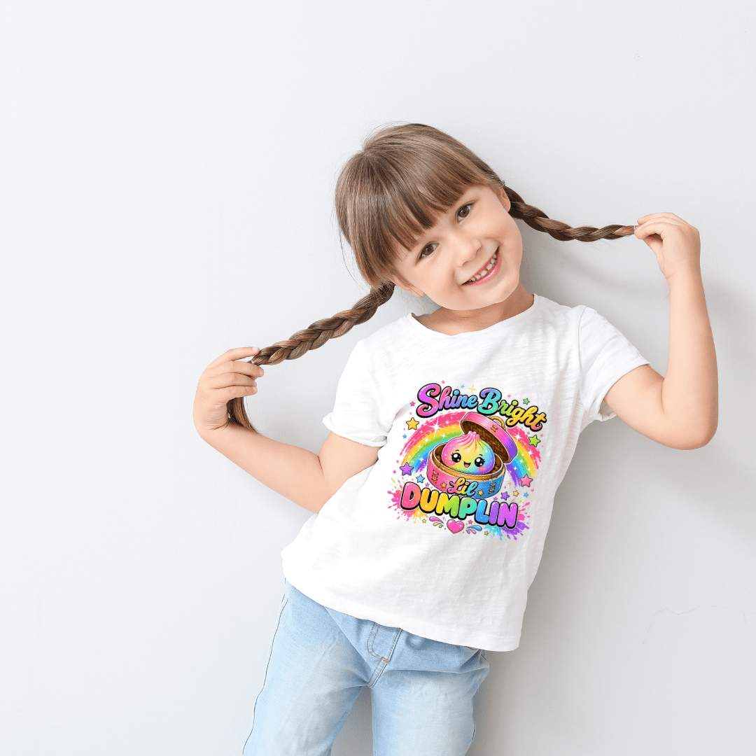 White girls T shirt featuring a smiling rainbow dumpling with stars and the colourful Shine Bright Lil Dumplin message.