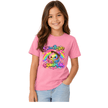 Pink youth T shirt worn by a girl featuring the colourful Shine Bright Lil Dumplin rainbow dumpling graphic.