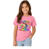 Pink youth T shirt worn by a girl featuring the colourful Shine Bright Lil Dumplin rainbow dumpling graphic.