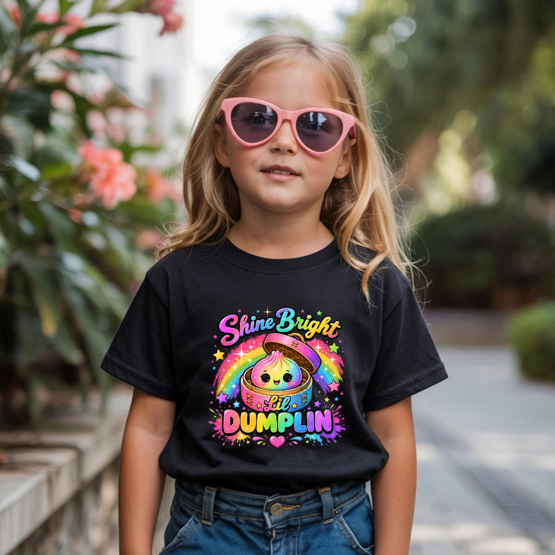 Black youth T shirt with a bright rainbow dumpling illustration and colourful Shine Bright Lil Dumplin positive message.