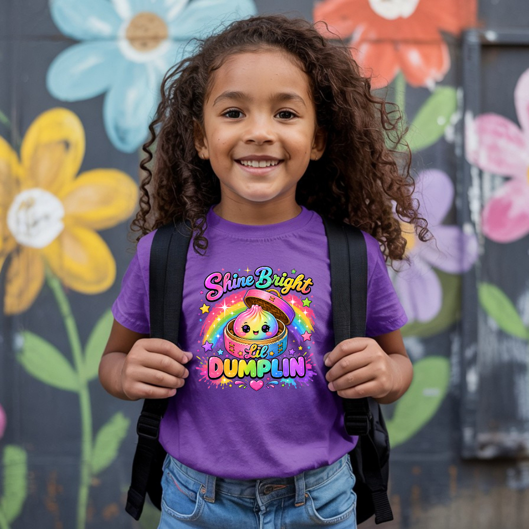 Purple girls T shirt with a bright Shine Bright Lil Dumplin design featuring rainbow artwork, stars and a cute dumpling character.