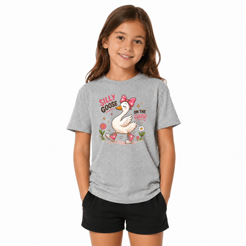 Sport Grey kids graphic tee featuring a silly goose character with pink shoes, flowers, and cheerful animal artwork.