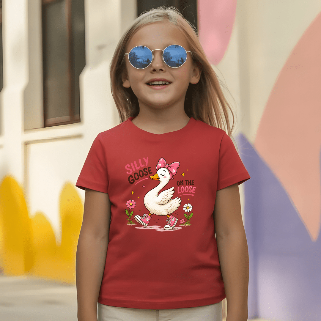 Red youth graphic t shirt with a fun goose design and Silly Goose On The Loose text, perfect for everyday wear.