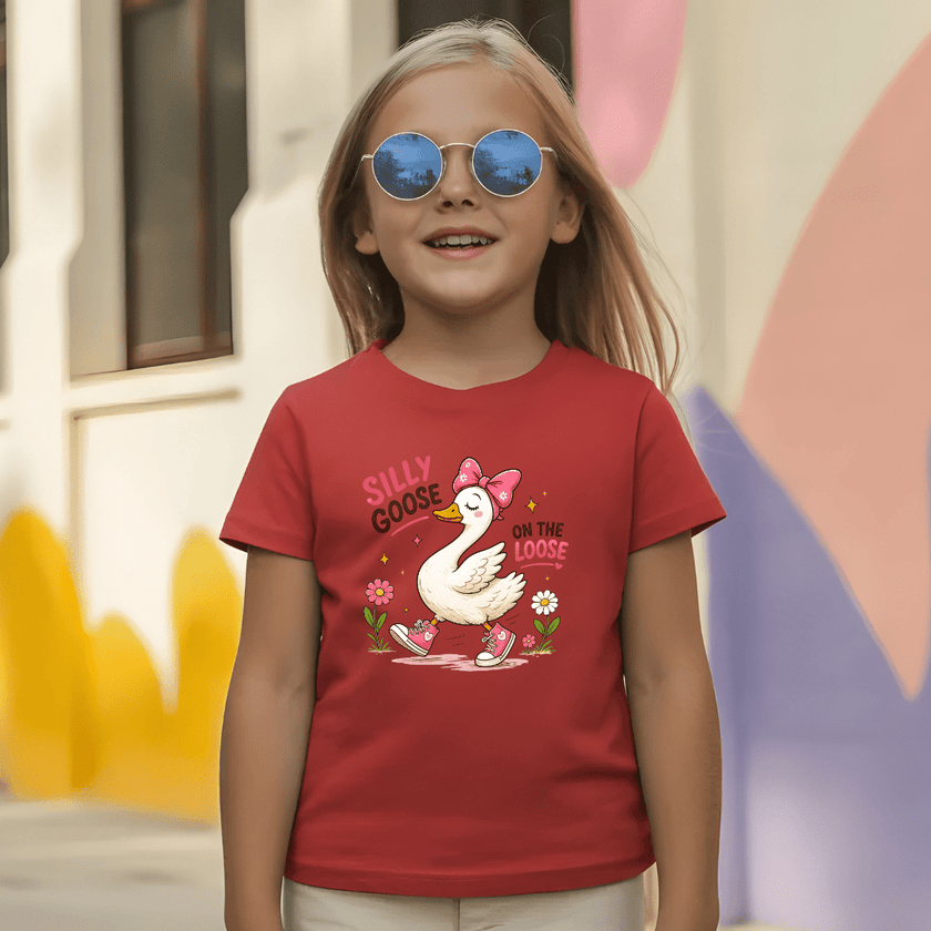 Red youth graphic t shirt with a fun goose design and Silly Goose On The Loose text, perfect for everyday wear.
