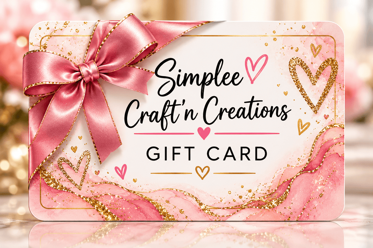 A pink gift card with a large pink satin bow, gold glitter accents, and the text 'Simplee Craft n Creations GIFT CARD' on a soft blurred pink background.