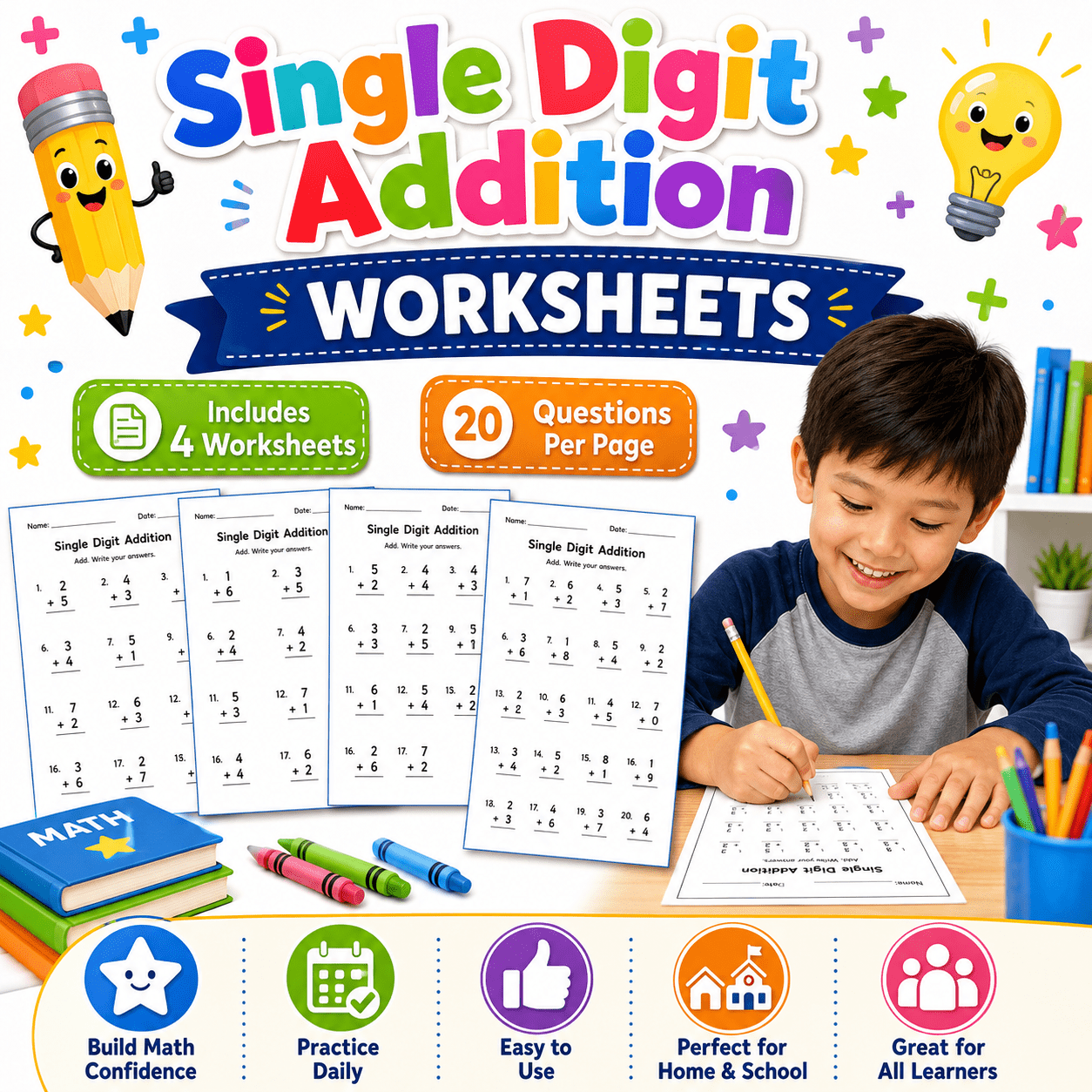 Printable single digit addition worksheet bundle designed for homeschool and classroom learning with four beginner math worksheets and eighty total questions.