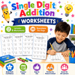 Printable single digit addition worksheet bundle designed for homeschool and classroom learning with four beginner math worksheets and eighty total questions.