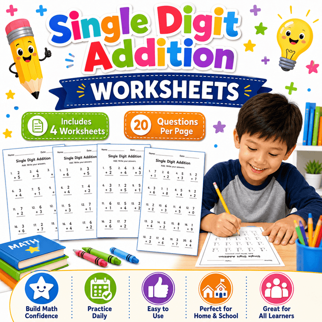 Printable single digit addition worksheet bundle designed for homeschool and classroom learning with four beginner math worksheets and eighty total questions.
