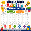 Educational printable math worksheet pack for children including four single digit addition worksheets with twenty questions on each page to build early math confidence.