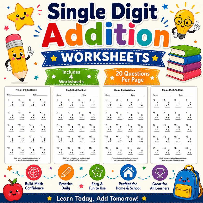 Educational printable math worksheet pack for children including four single digit addition worksheets with twenty questions on each page to build early math confidence.