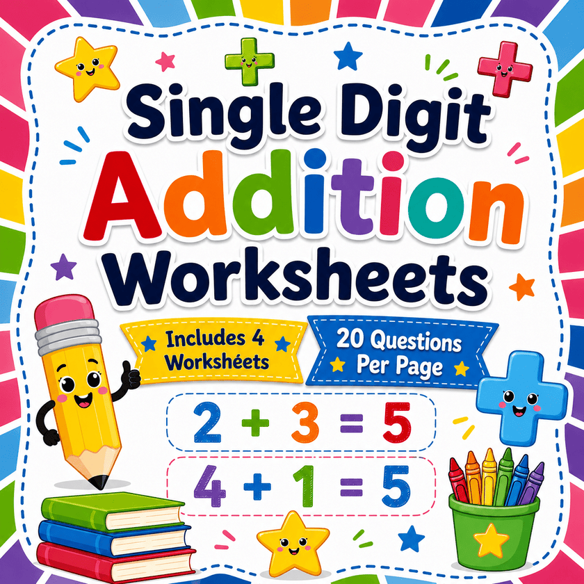 Colorful cover for printable single digit addition worksheets featuring four math practice pages with 20 addition questions per worksheet for kindergarten and Grade 1 students.