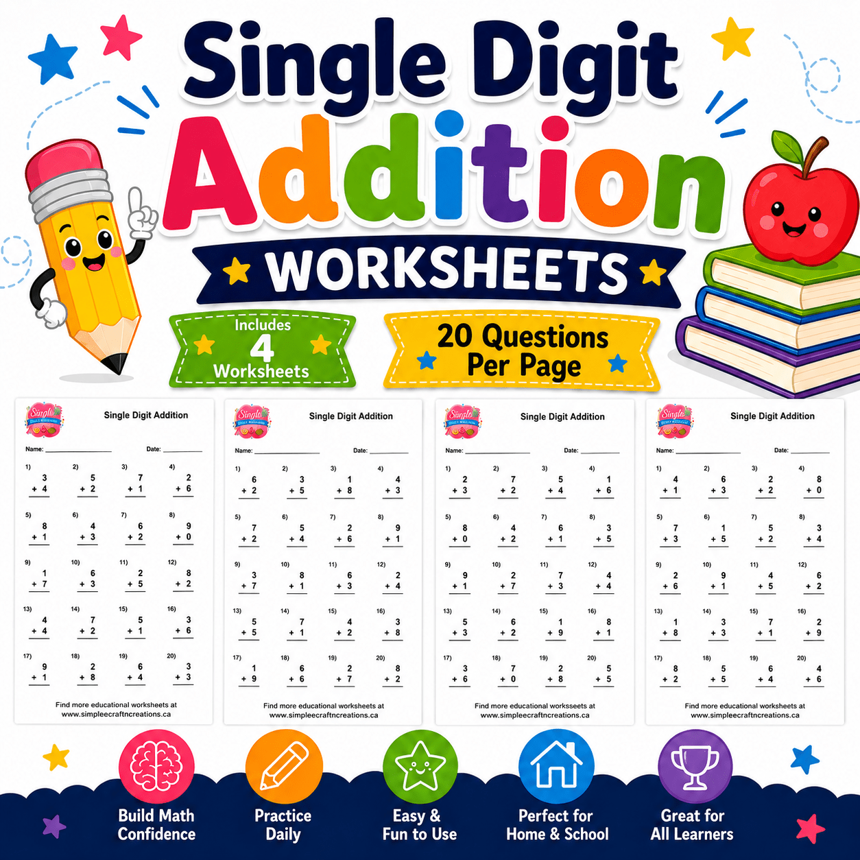 20 questions per page, easy to use and perfect for school or home, digital download math sheets. 