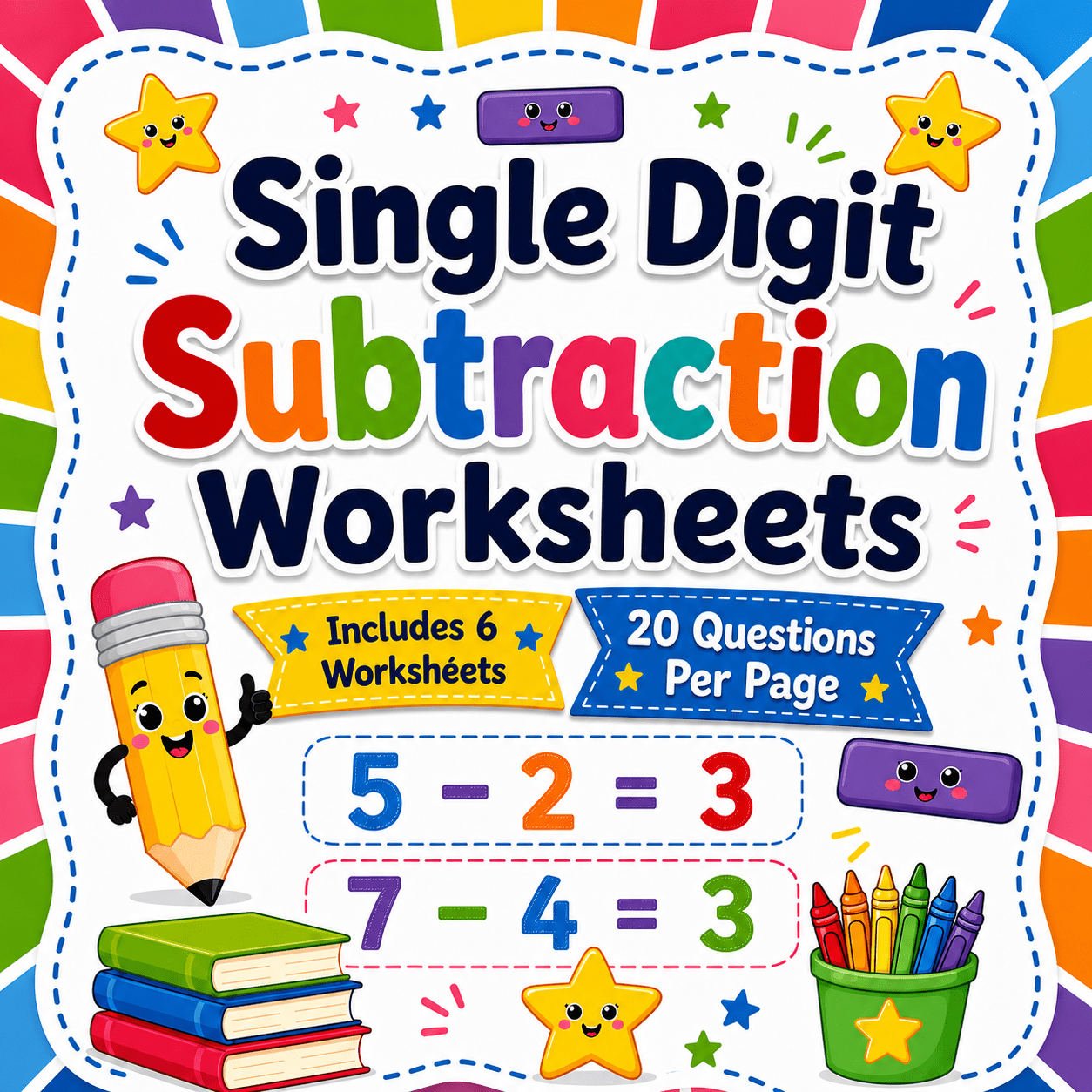 Colorful printable single digit subtraction worksheet bundle featuring six math worksheets with twenty subtraction questions on each page for kindergarten and Grade 1 students.