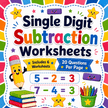 Colorful printable single digit subtraction worksheet bundle featuring six math worksheets with twenty subtraction questions on each page for kindergarten and Grade 1 students.