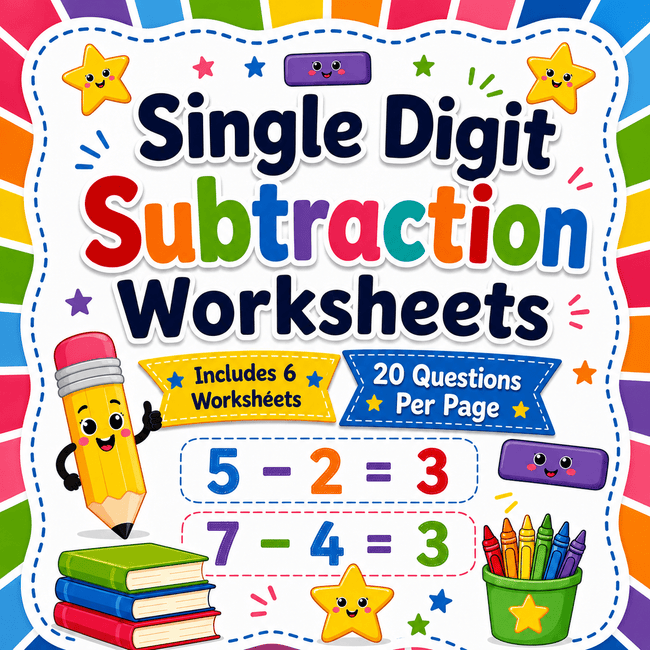 Colorful printable single digit subtraction worksheet bundle featuring six math worksheets with twenty subtraction questions on each page for kindergarten and Grade 1 students.