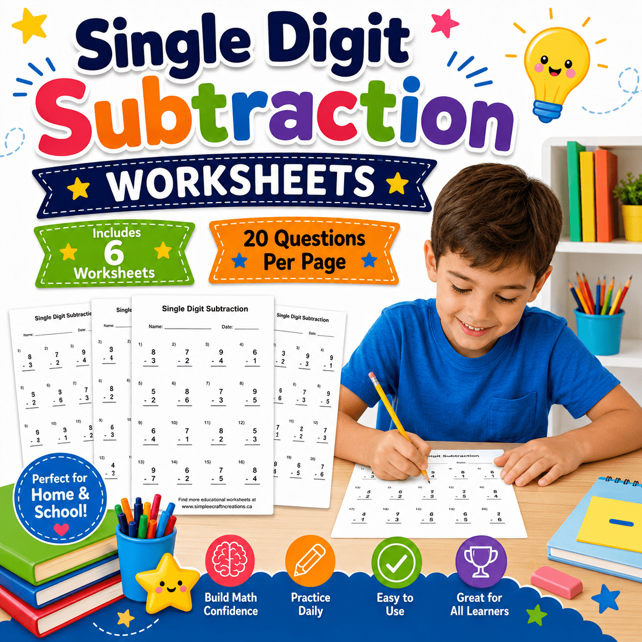 Printable math subtraction workbook cover displaying six easy subtraction worksheets with twenty questions per page for early elementary students learning basic math.