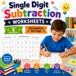 Printable math subtraction workbook cover displaying six easy subtraction worksheets with twenty questions per page for early elementary students learning basic math.