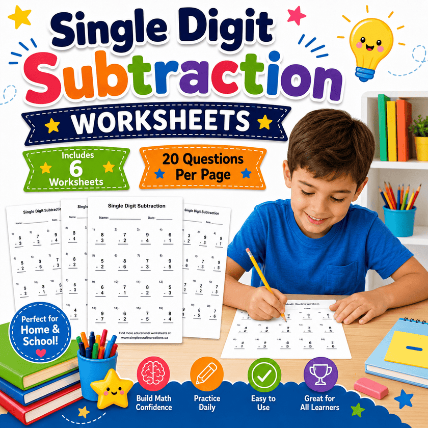 Printable math subtraction workbook cover displaying six easy subtraction worksheets with twenty questions per page for early elementary students learning basic math.