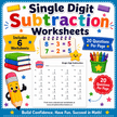 Educational subtraction worksheet pack for young learners including six printable worksheets that help children build confidence with single digit subtraction facts.