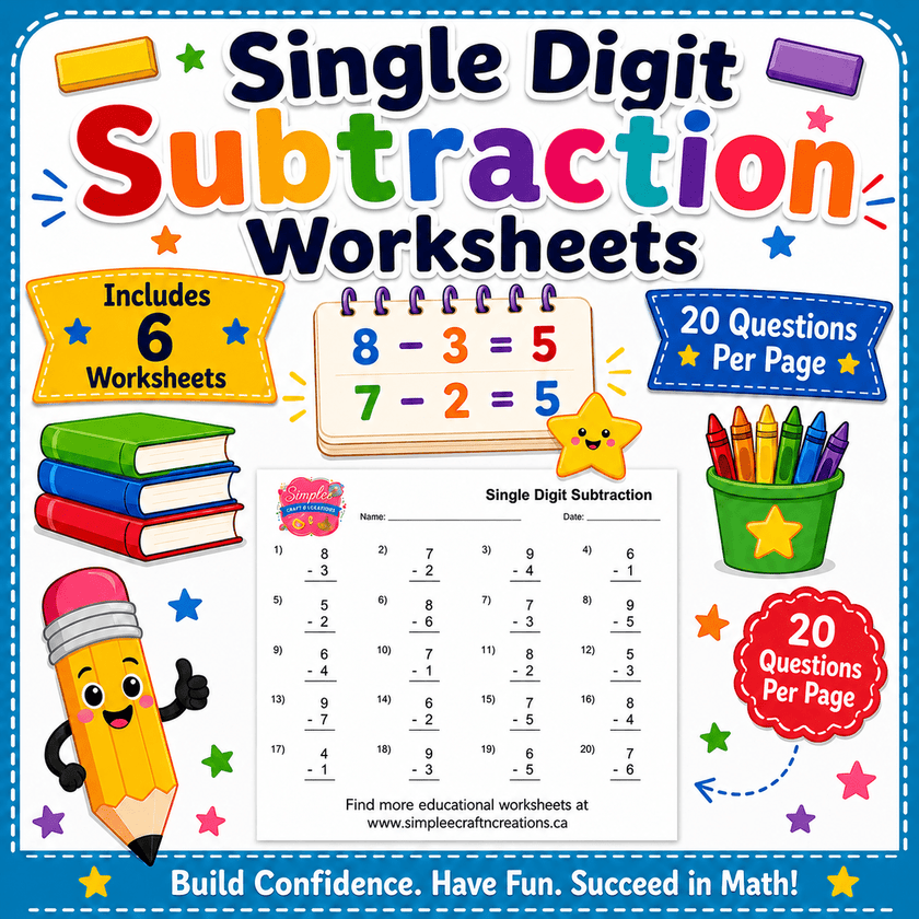 Educational subtraction worksheet pack for young learners including six printable worksheets that help children build confidence with single digit subtraction facts.