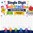 Printable single digit subtraction PDF designed for homeschool and classroom use with six beginner subtraction practice worksheets and one hundred twenty total questions.
