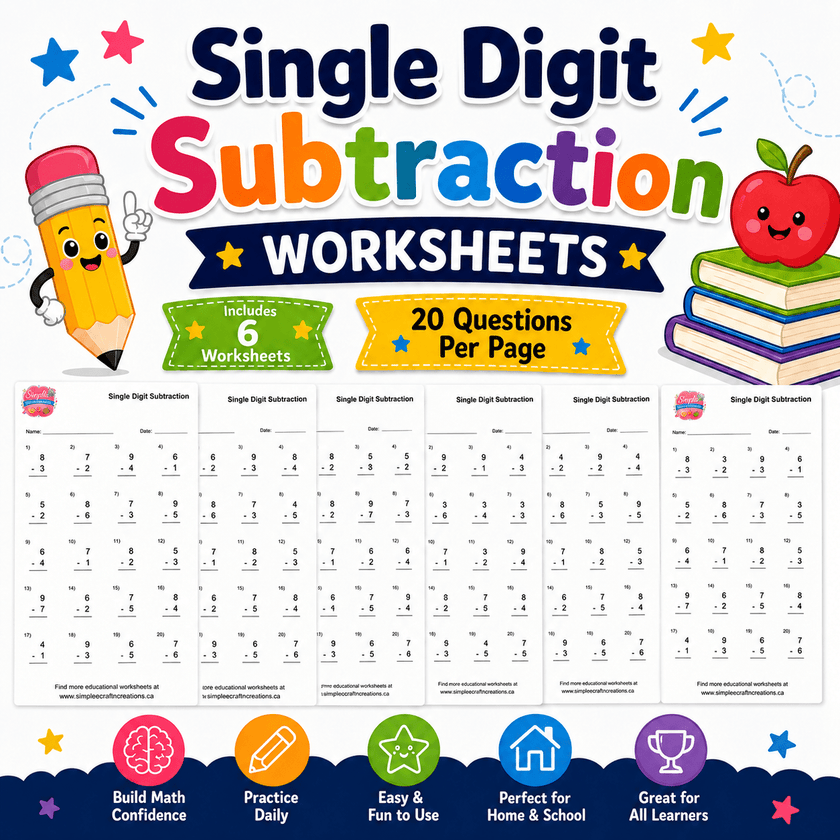 Printable single digit subtraction PDF designed for homeschool and classroom use with six beginner subtraction practice worksheets and one hundred twenty total questions.
