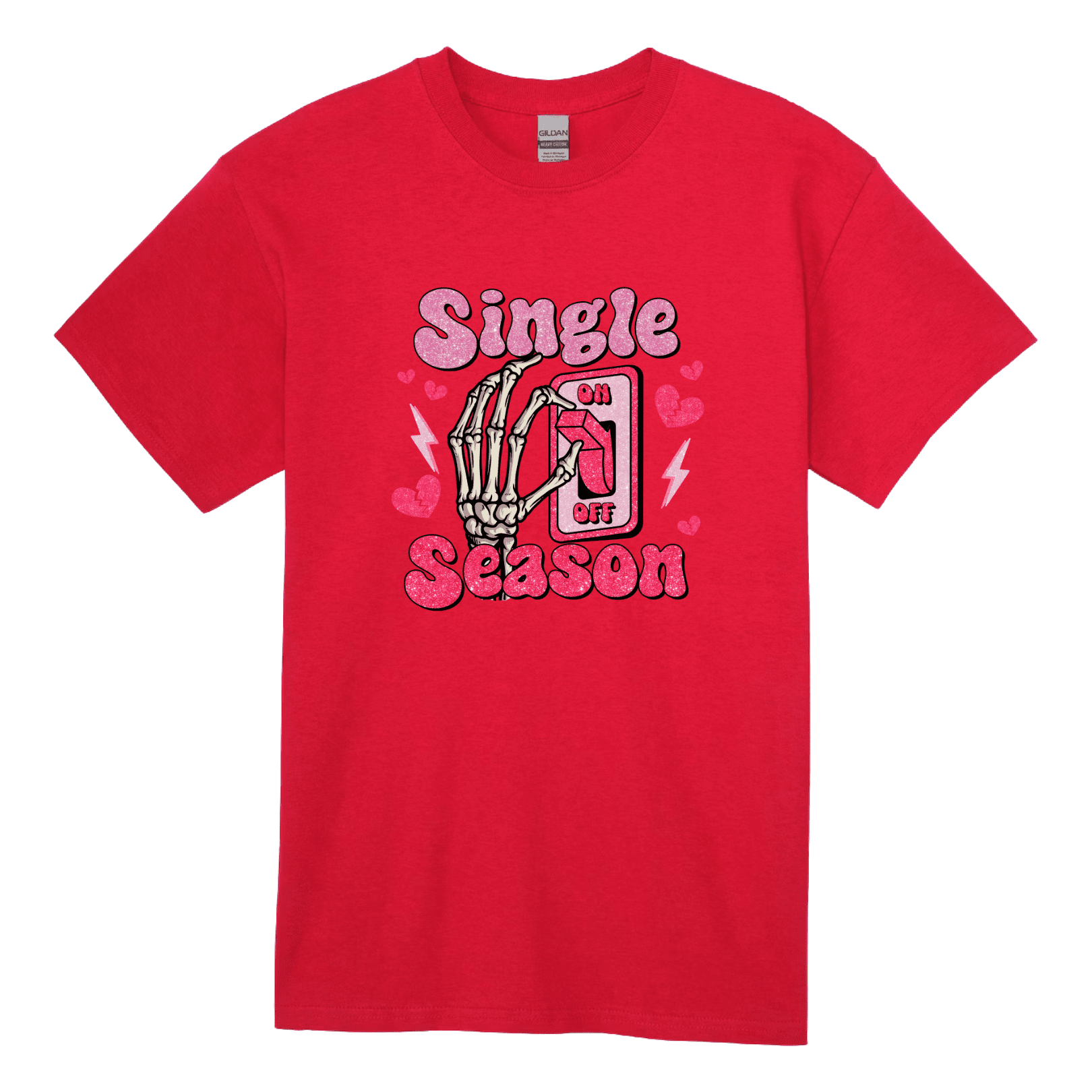 Bright red adult tee featuring spooky skeleton hand on pink switch with hearts and lightning bolts
