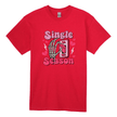 Bright red adult tee featuring spooky skeleton hand on pink switch with hearts and lightning bolts