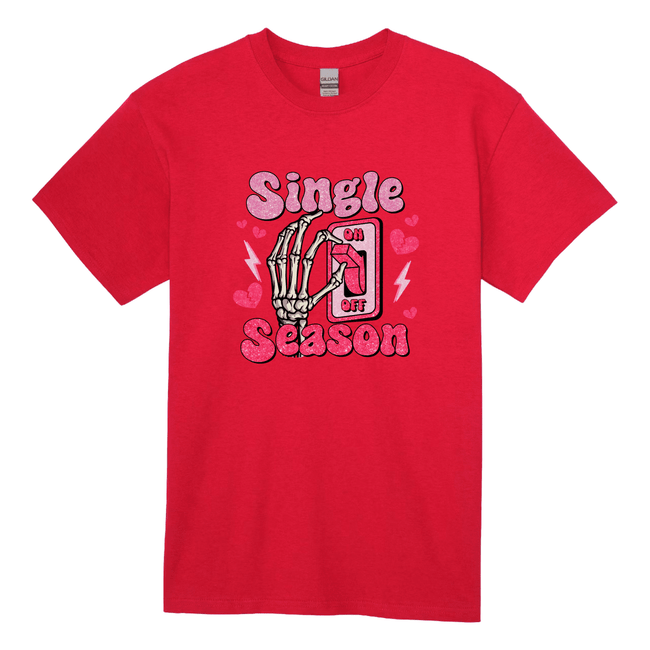 Bright red adult tee featuring spooky skeleton hand on pink switch with hearts and lightning bolts
