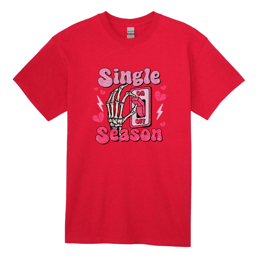 Bright red adult tee featuring spooky skeleton hand on pink switch with hearts and lightning bolts