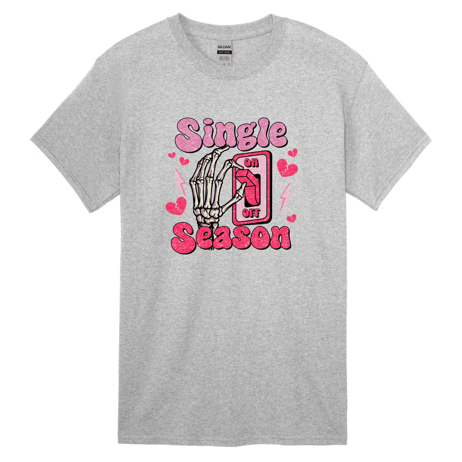 Heather gray t-shirt with pink glitter skeleton hand flipping ON/OFF switch and Single Season text